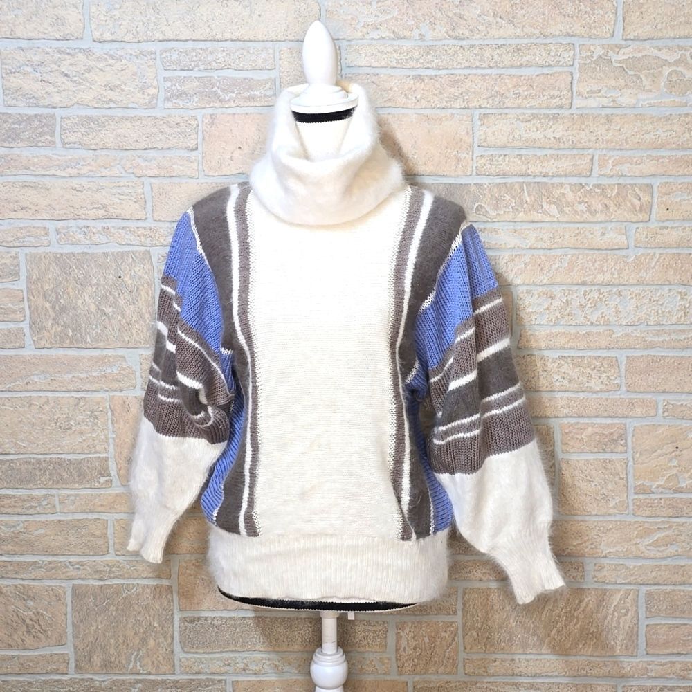 LOUIS FÈRAUD Angora Wool Batwing Sweater Polo Neck Turtle Neck Striped Blue Gray